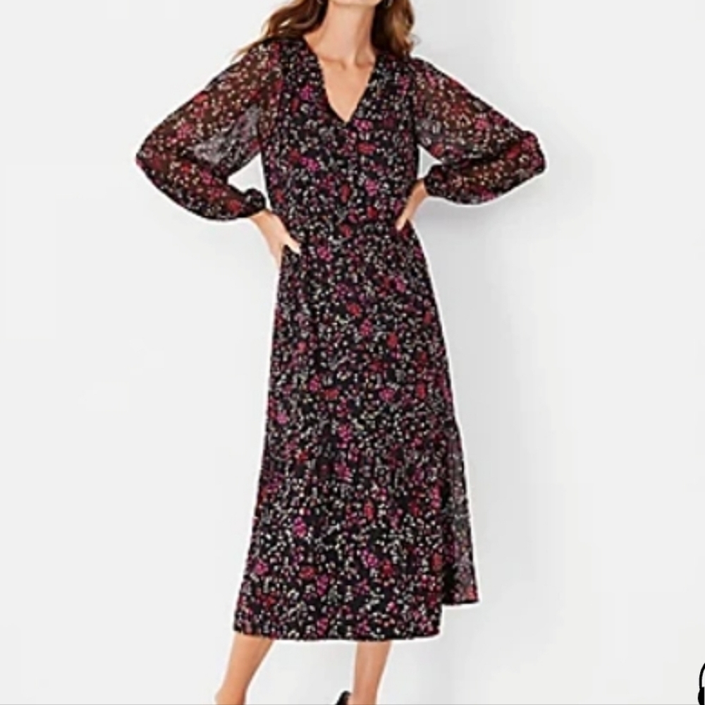 Ann Taylor Shimmer Floral Midi Dress In Black Size Small